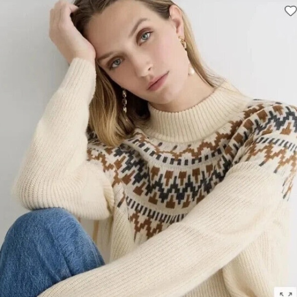 J. Crew Fair Isle Mockneck Pullover Sweater Neutral Cream Tan Wool‎ Blend